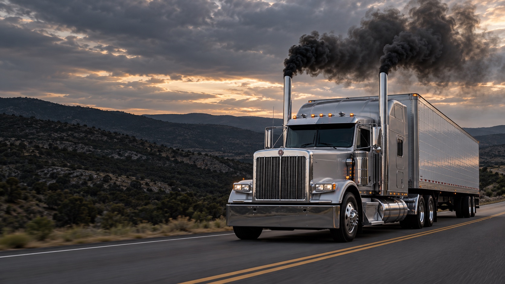 Illustrative full semi truck with black exhaust from twin stacks on a Texas road